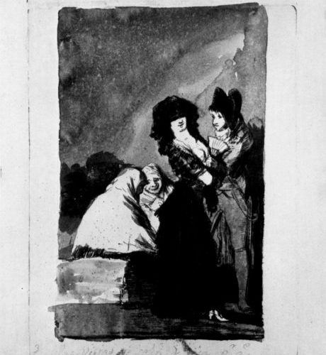 Francisco de Goya y Lucientes: Zeichnungen für »Los Caprichos«: »Neunzehnter Traum, Die alten Lachen sich tot, weil sie wissen, daß er nicht einen Pfennig besitzt«, 1797–1798, Feder in Sepia, mit Chinatusche laviert, auf Papier, 24,5 × 18,5 cm. Madrid, Museo del Prado.
